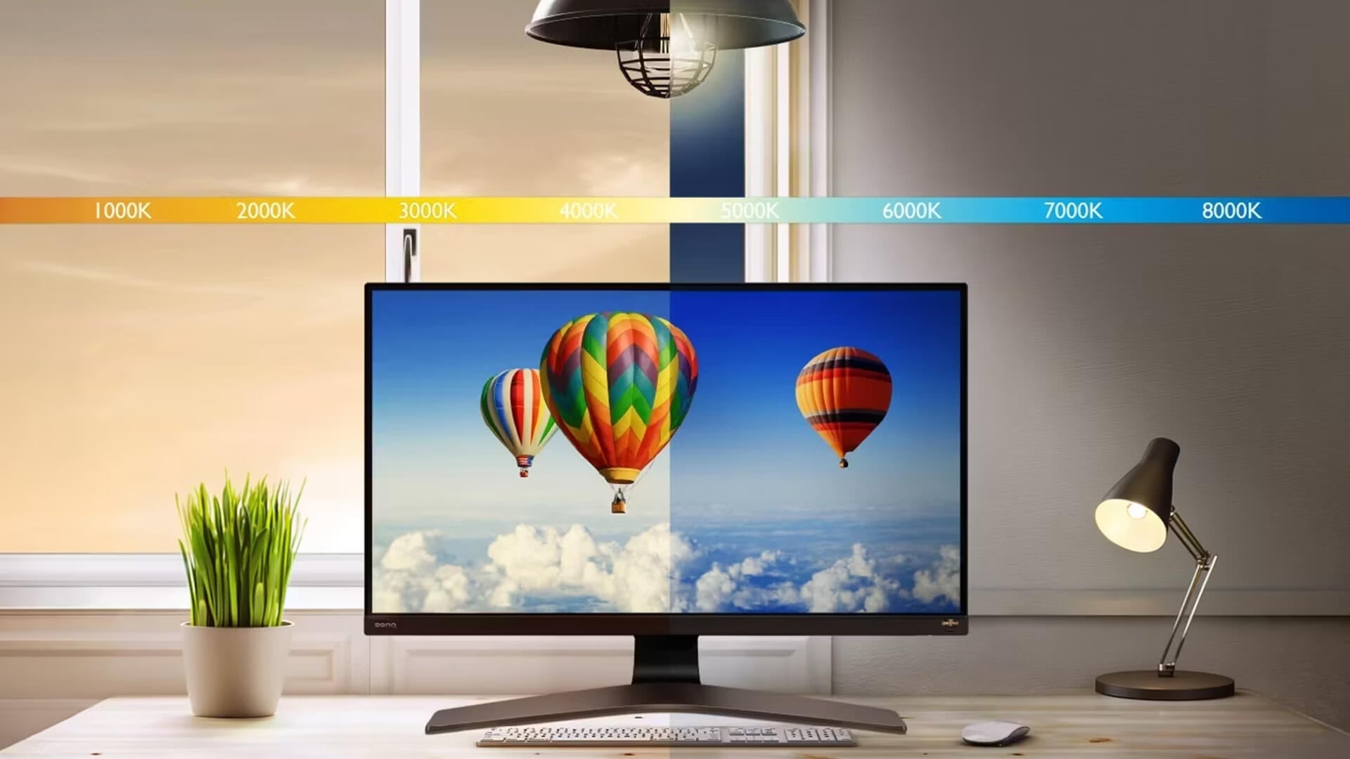 A visualization showing different colour temperature settings ranging from 1000K to 8000K on a monitor.