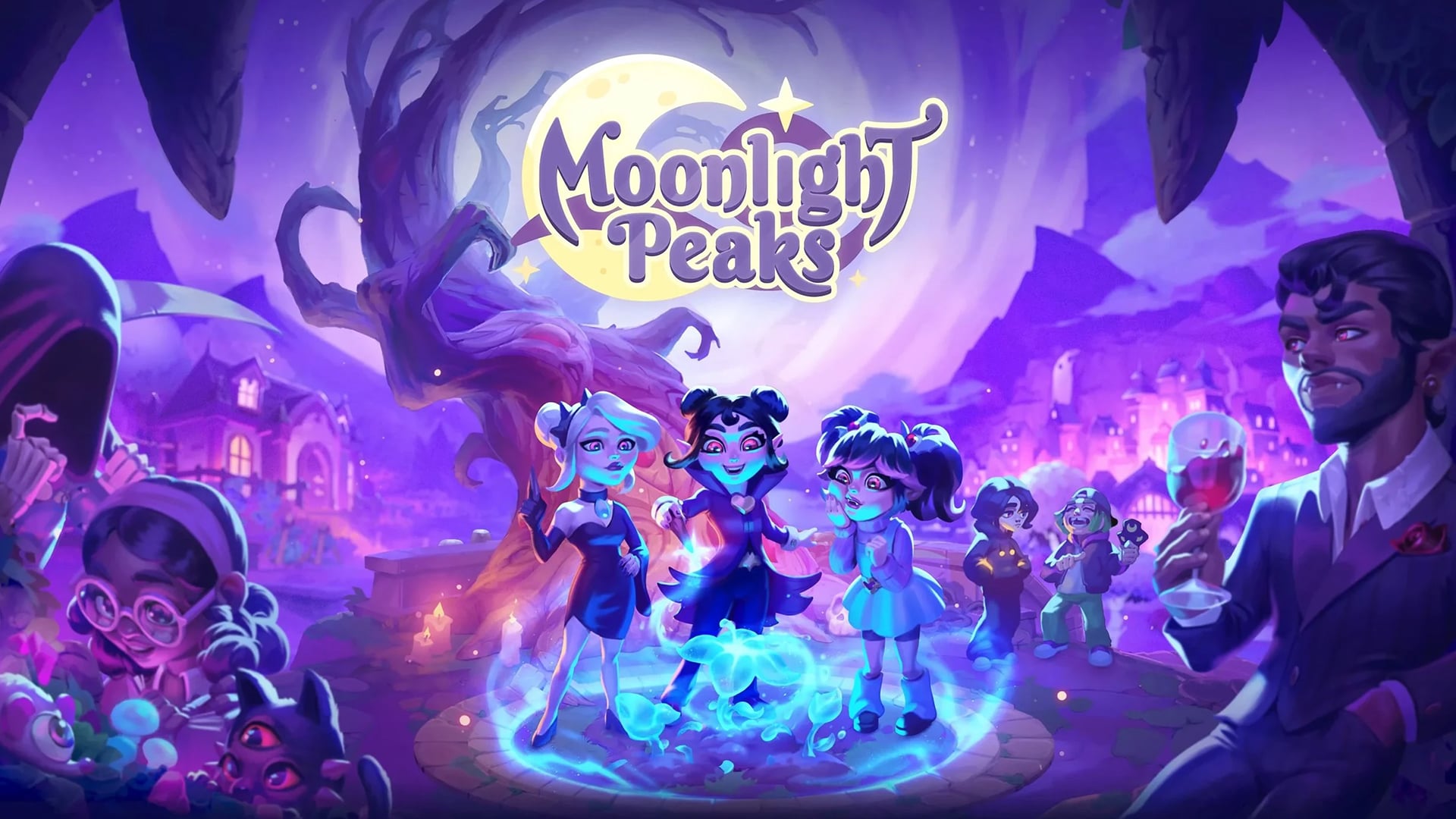Main characters under a full moon in Moonlight Peaks.