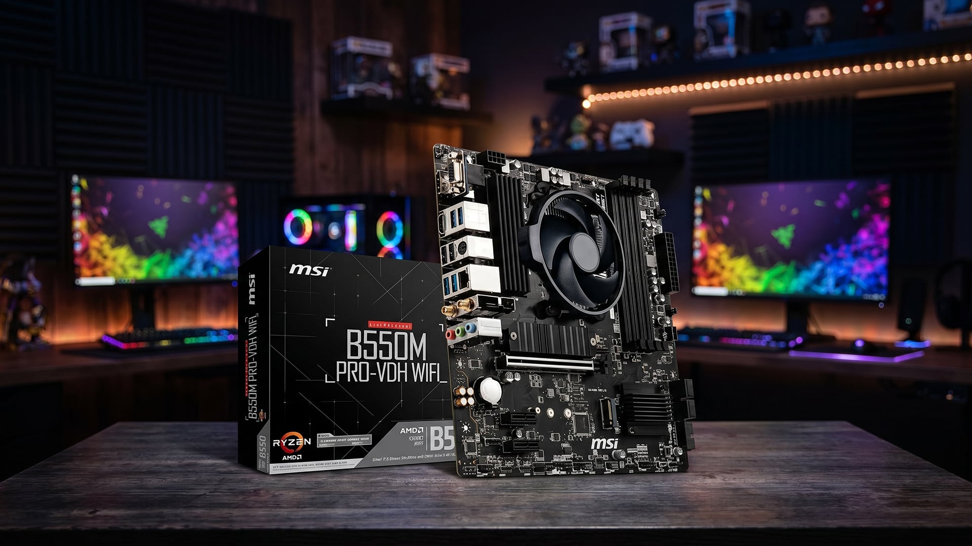 MSI B550M PRO-VDH WIFI motherboard displayed in front of a modern blue-lit PC gaming setup.