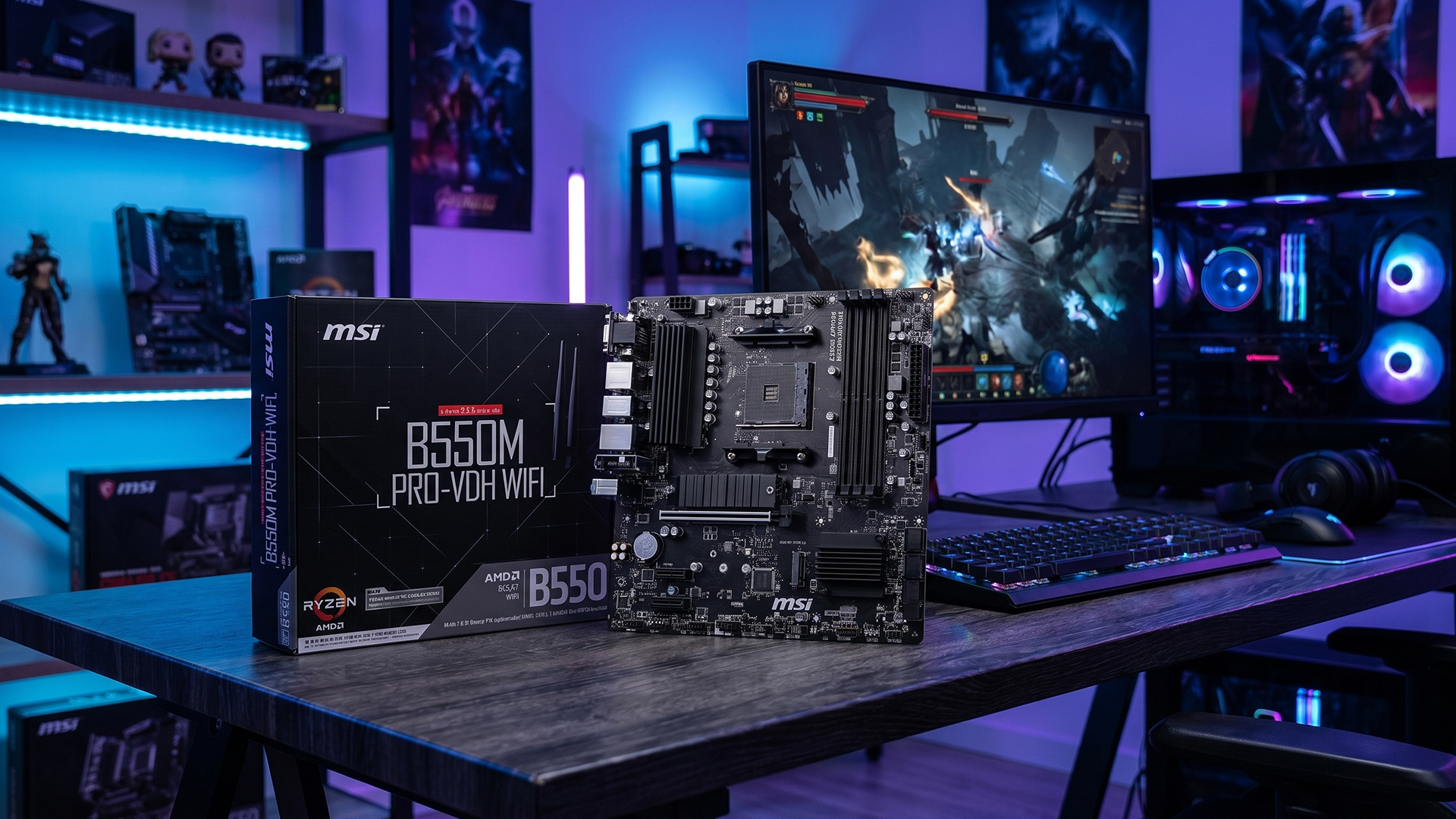 MSI B550M PRO motherboard on a wooden desk ready for a budget Ryzen PC build.