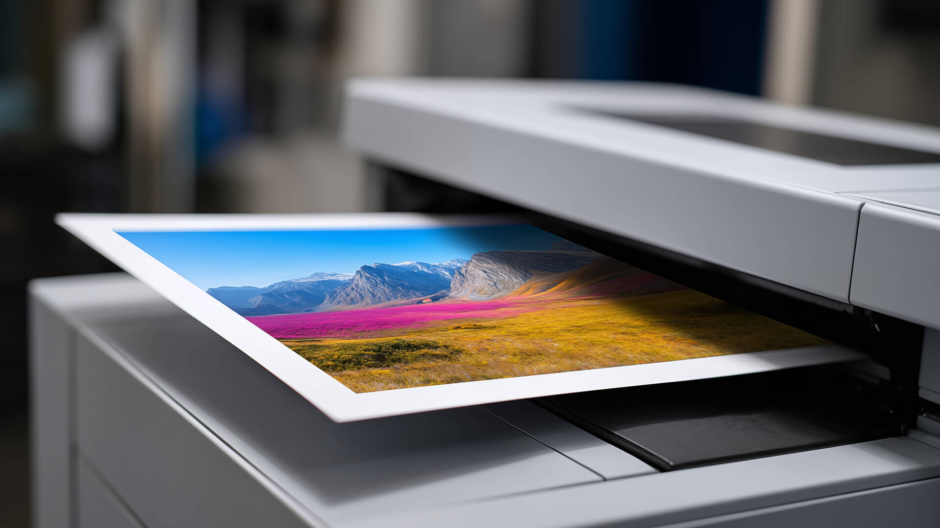 A multifunction office printer tray full of paper documents.