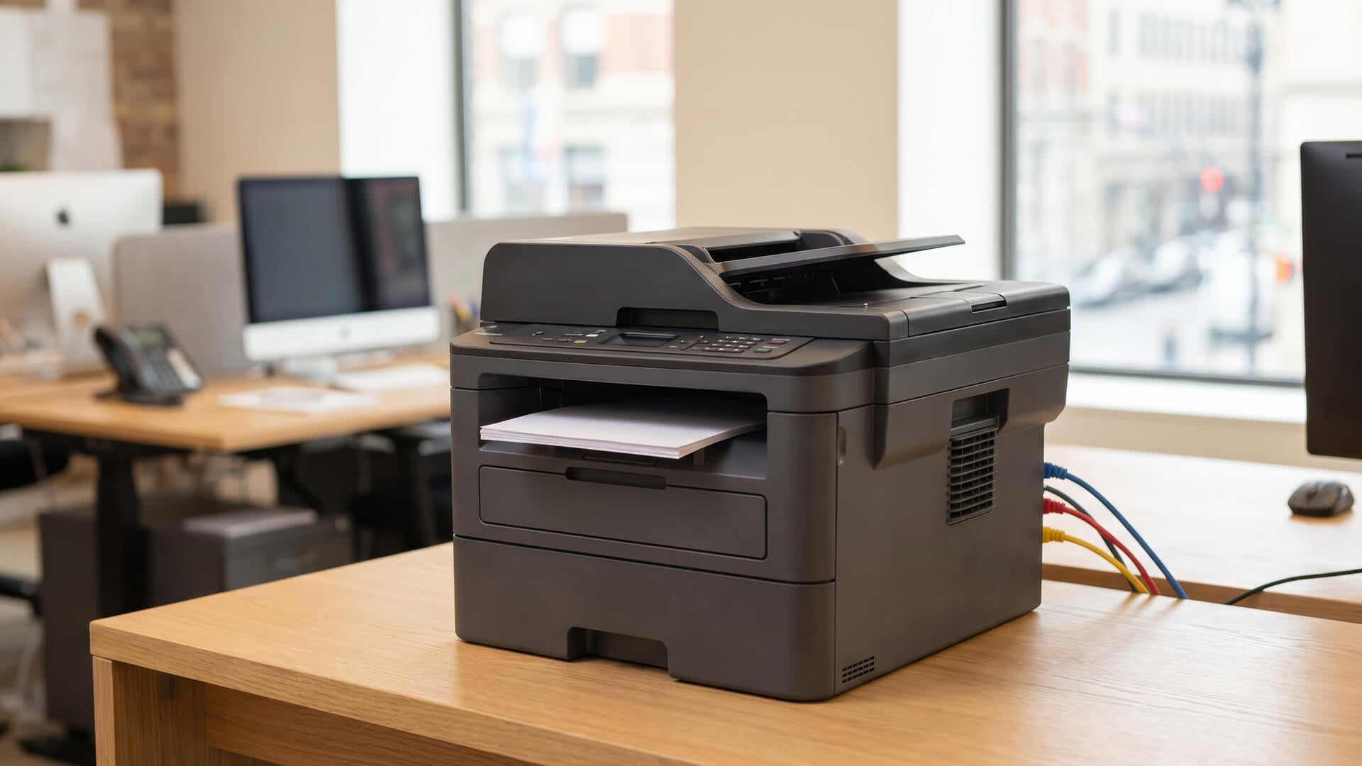 A dark grey laser printer sitting on a desk with network cables attached.