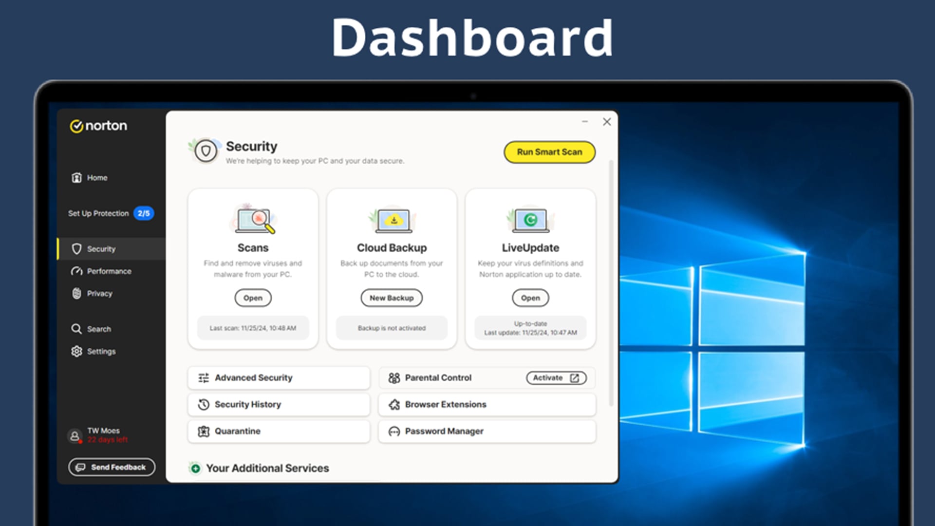 Norton security dashboard displayed on a desktop computer screen.
