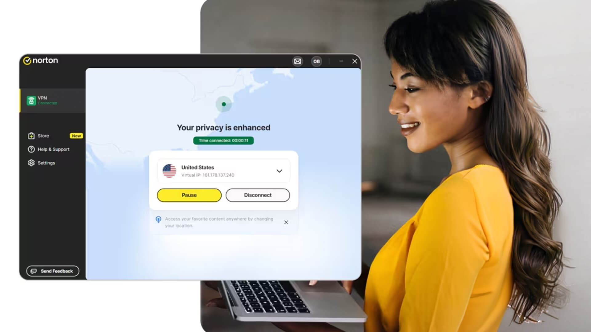 Woman using a laptop with active Norton VPN connection.