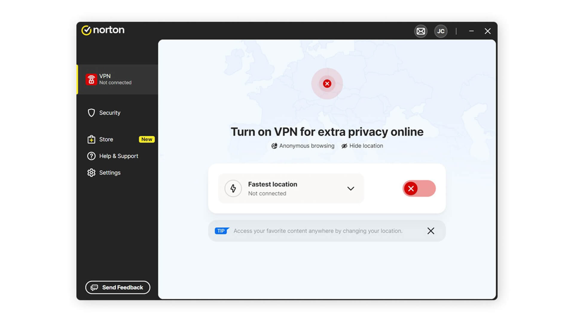 Norton app interface showing disconnected VPN status.