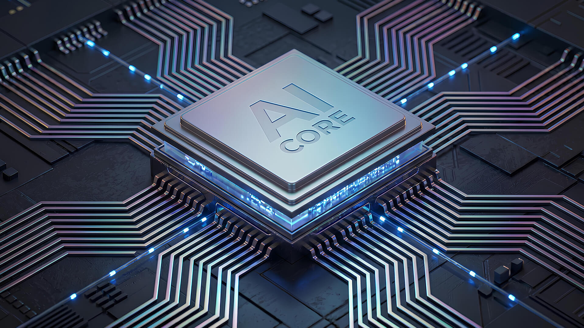 Glowing AI CORE NPU chip on a circuit board for machine learning.