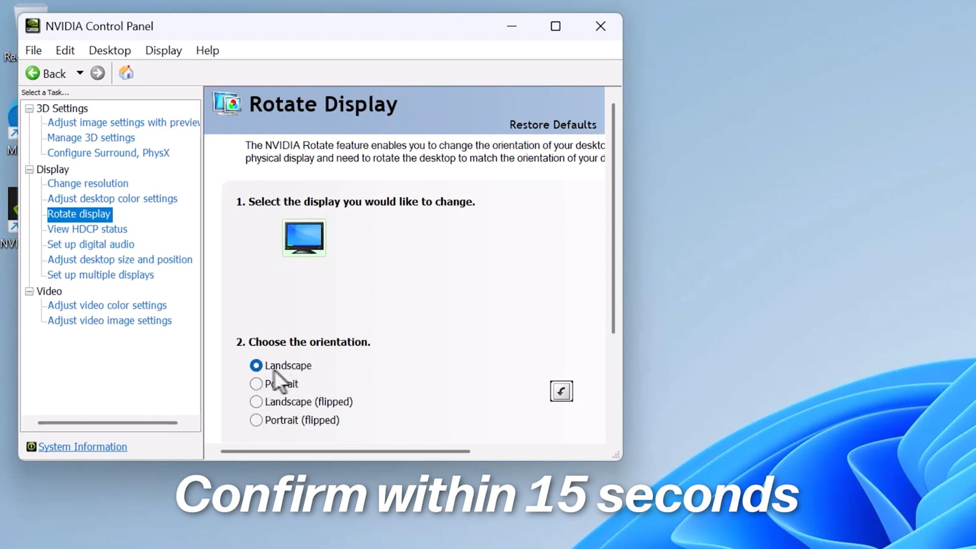 NVIDIA Control Panel on Windows 11 showing the Rotate display orientation settings.