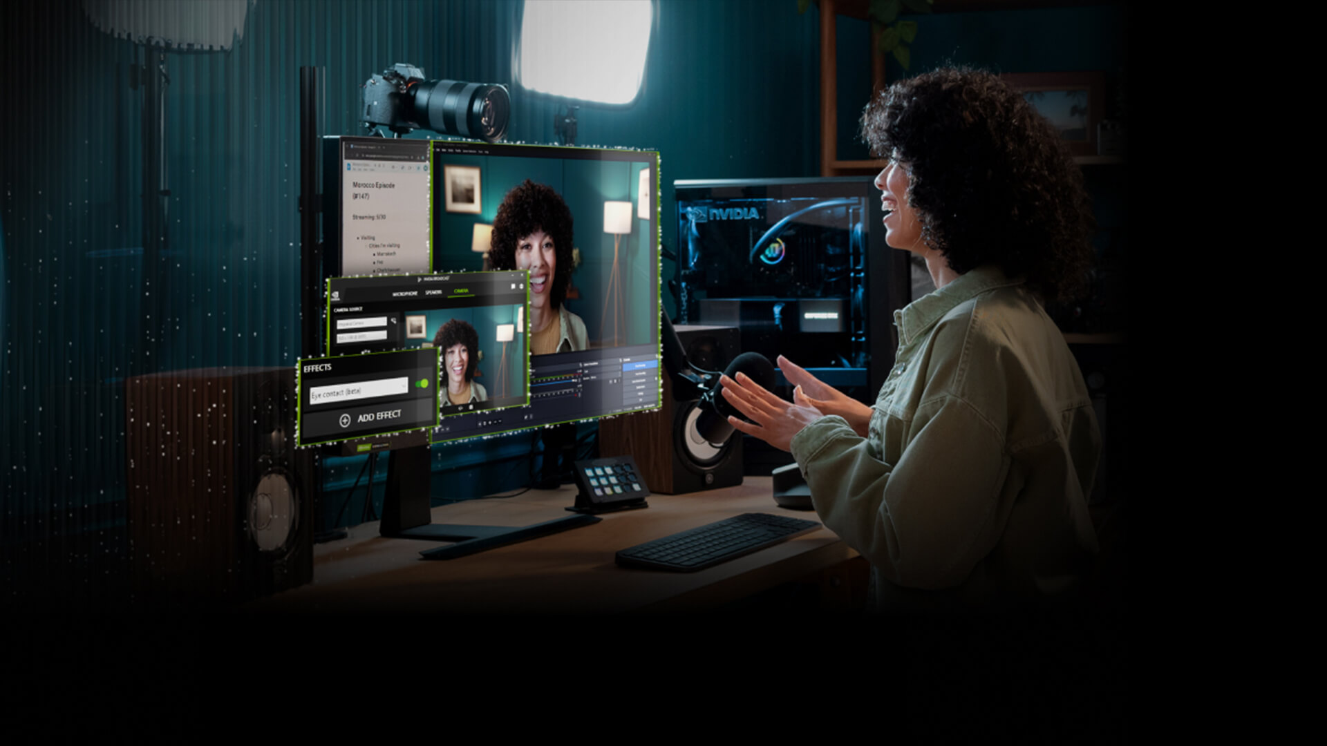 A woman using a PC with Nvidia Broadcast for streaming.