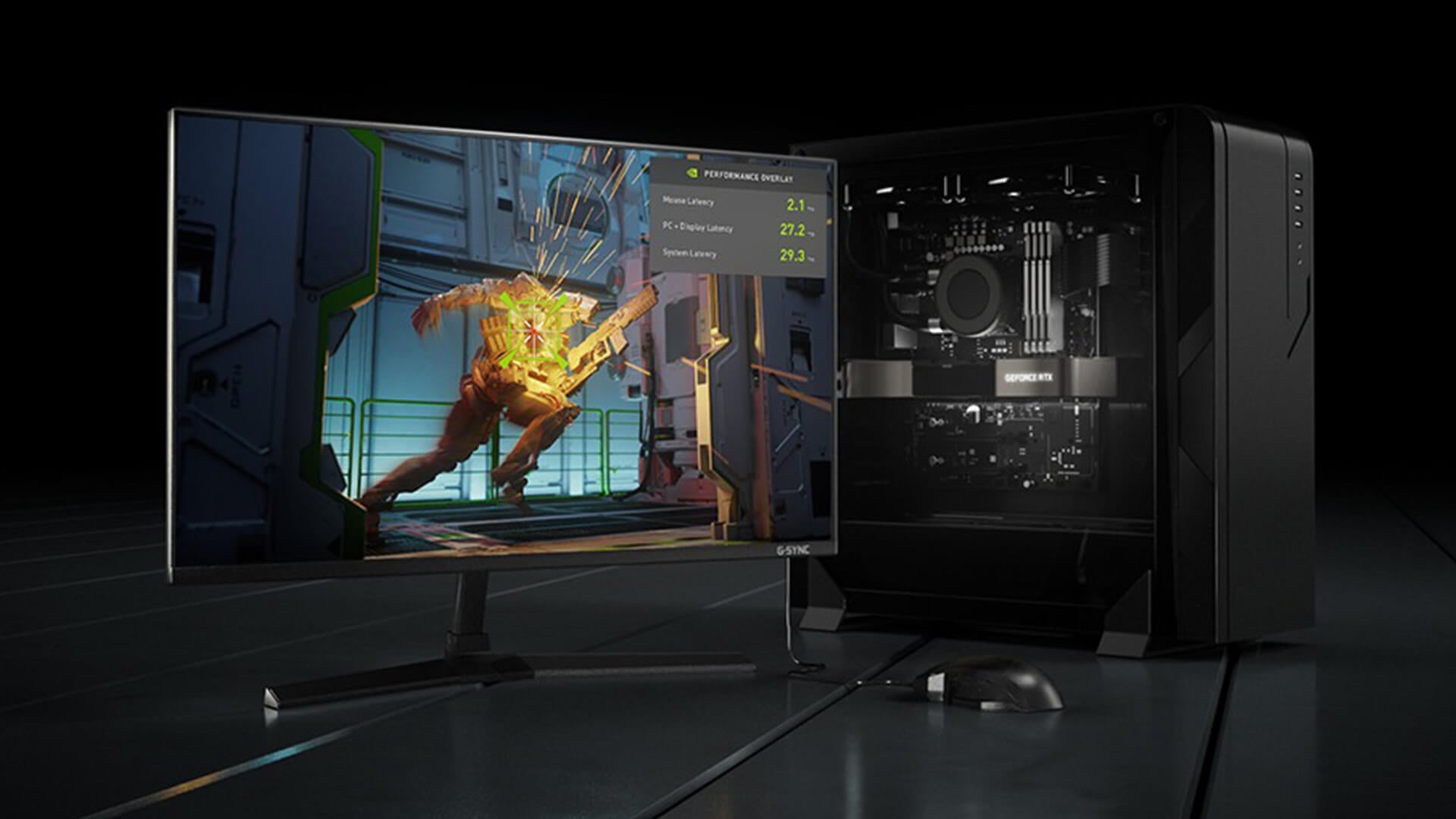 Gaming monitor showing live Nvidia performance latency data.