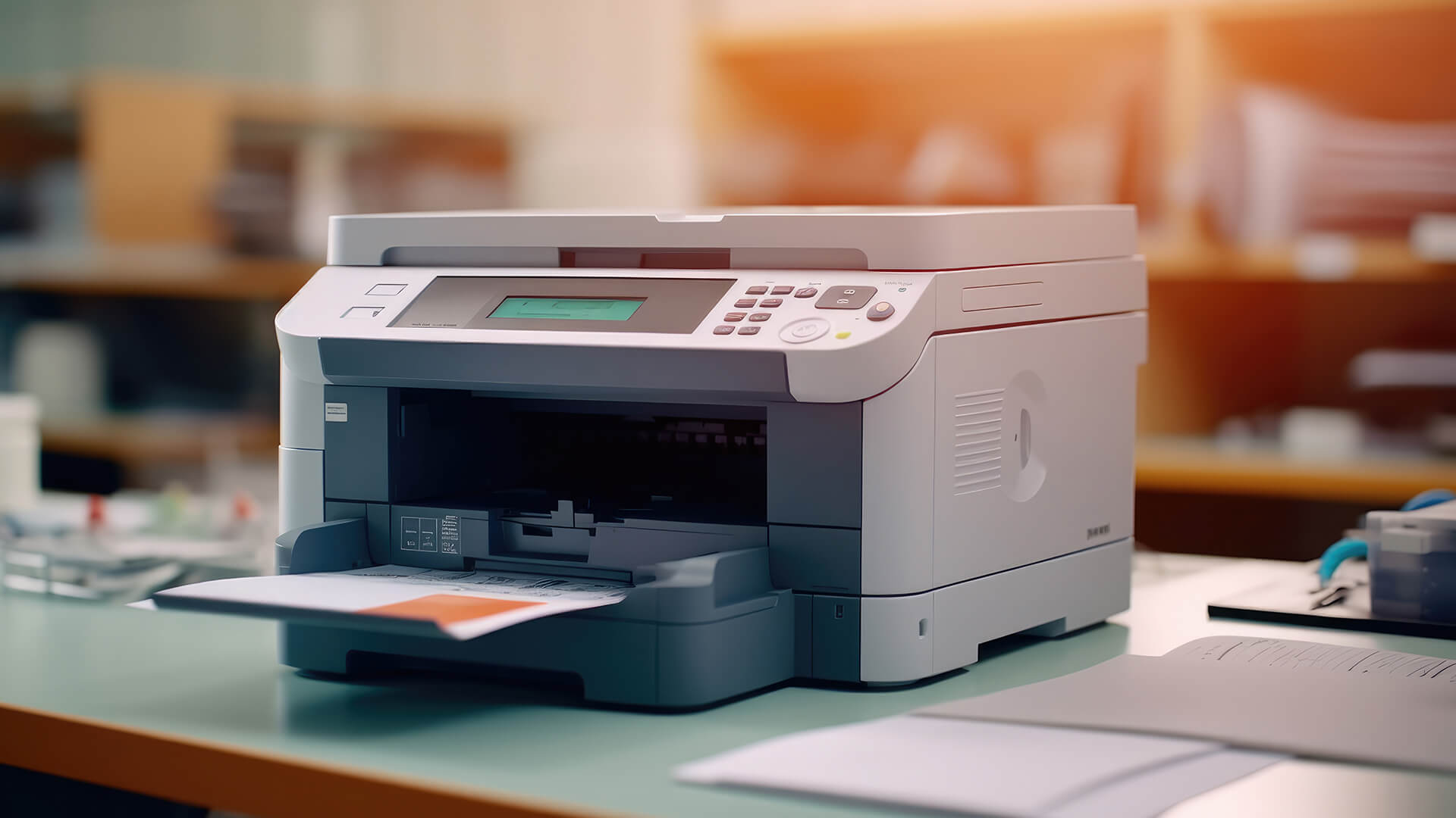 A white multifunction laser printer on an office desk.
