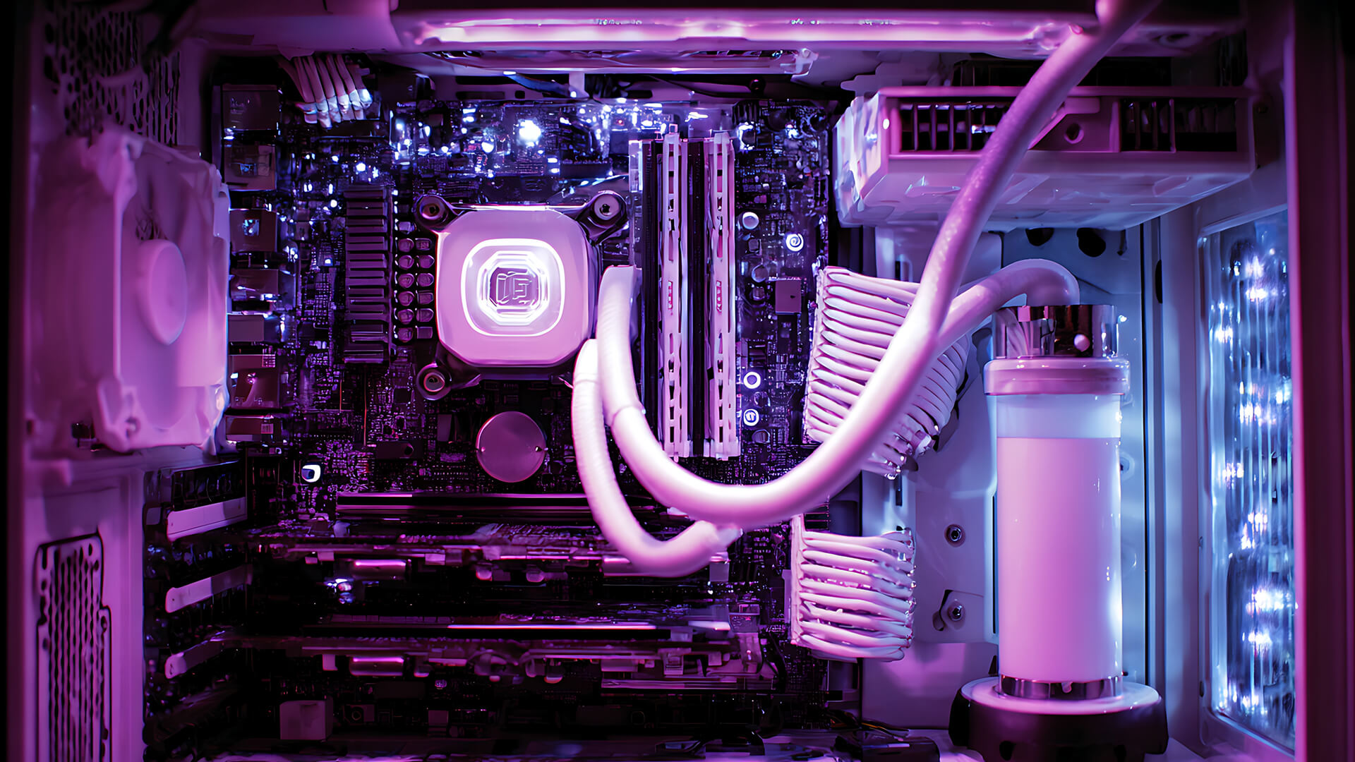 Close-up of a PC motherboard with liquid cooling components and RGB lighting installed.