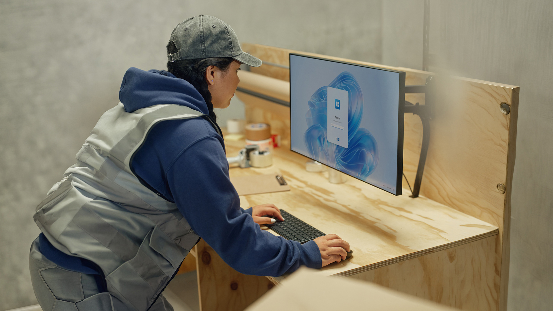 Person typing on a Windows 11 desktop computer at a workstation.