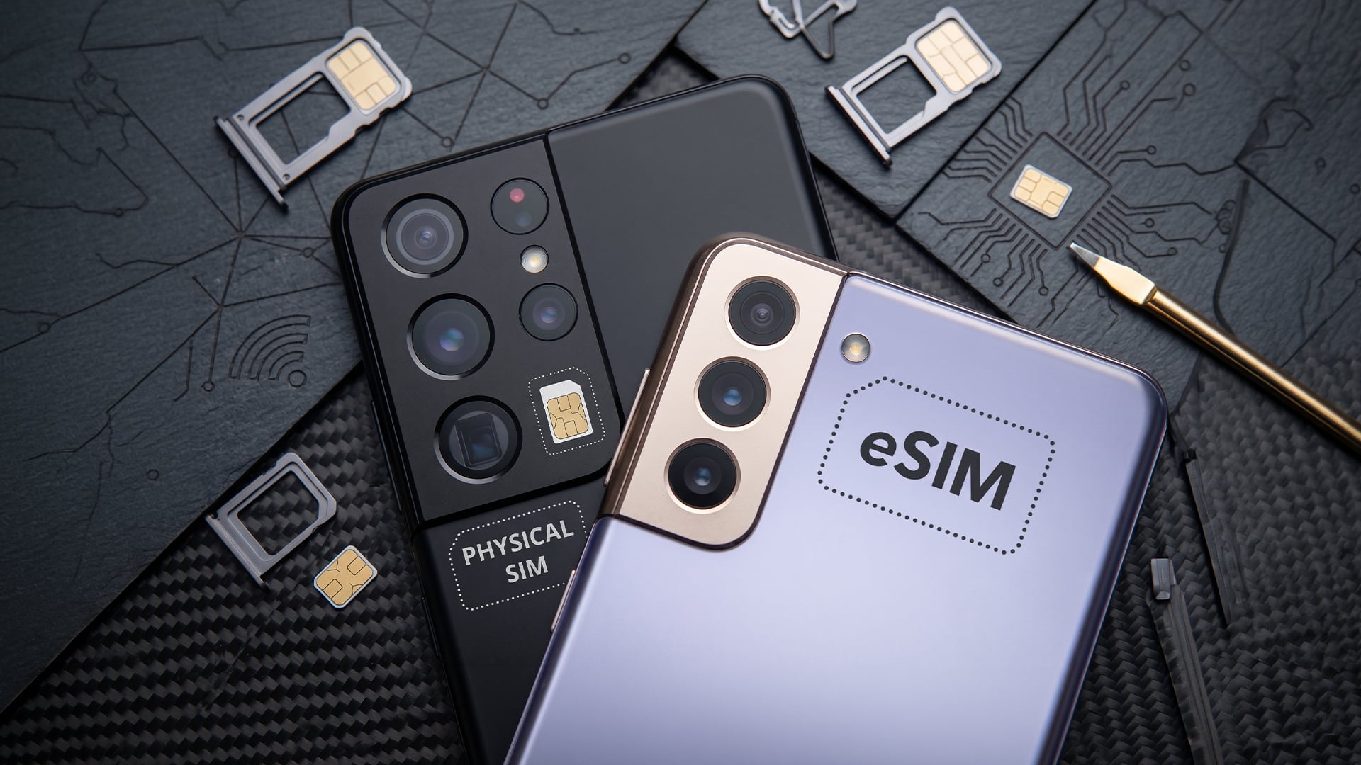 Comparing physical SIM tray and digital eSIM on smartphones.
