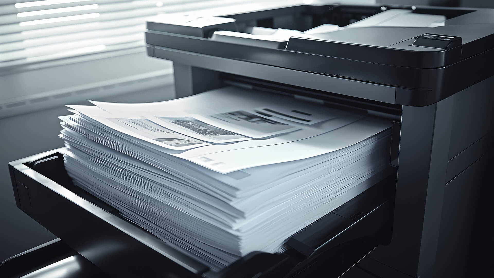 Printer tray full of printed monochrome documents.