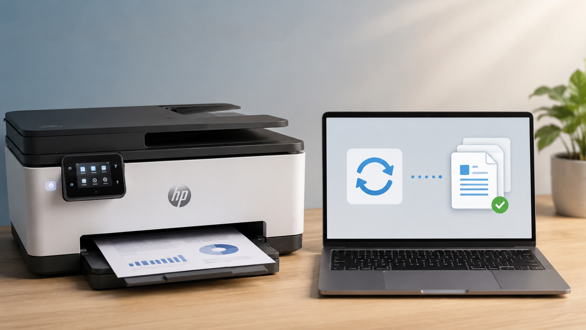 Laptop screen refreshing HP printer status and documents.