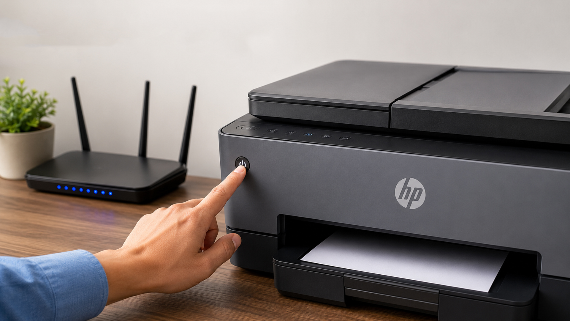 Person pressing the power button on an HP printer.
