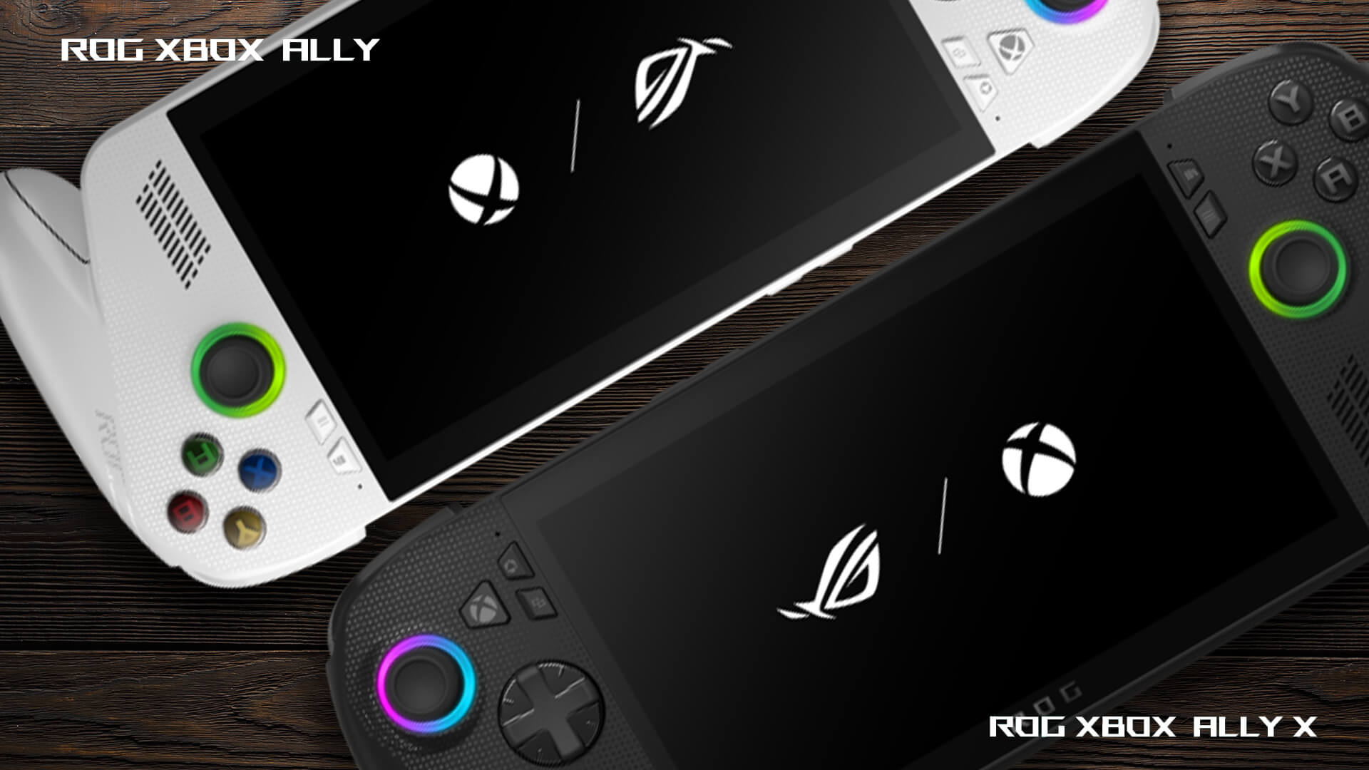 Comparison view of the white ROG Xbox Ally and black ROG Xbox Ally X.