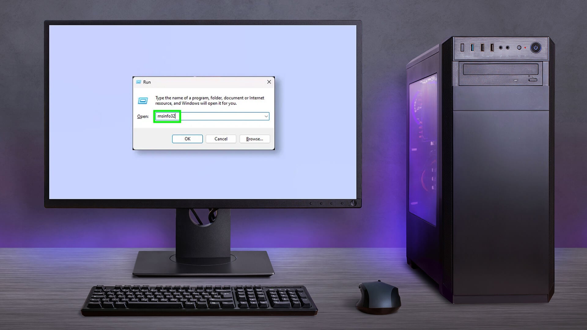 The Windows Run dialog box showing the 'msinfo32' command being typed to open System Information.