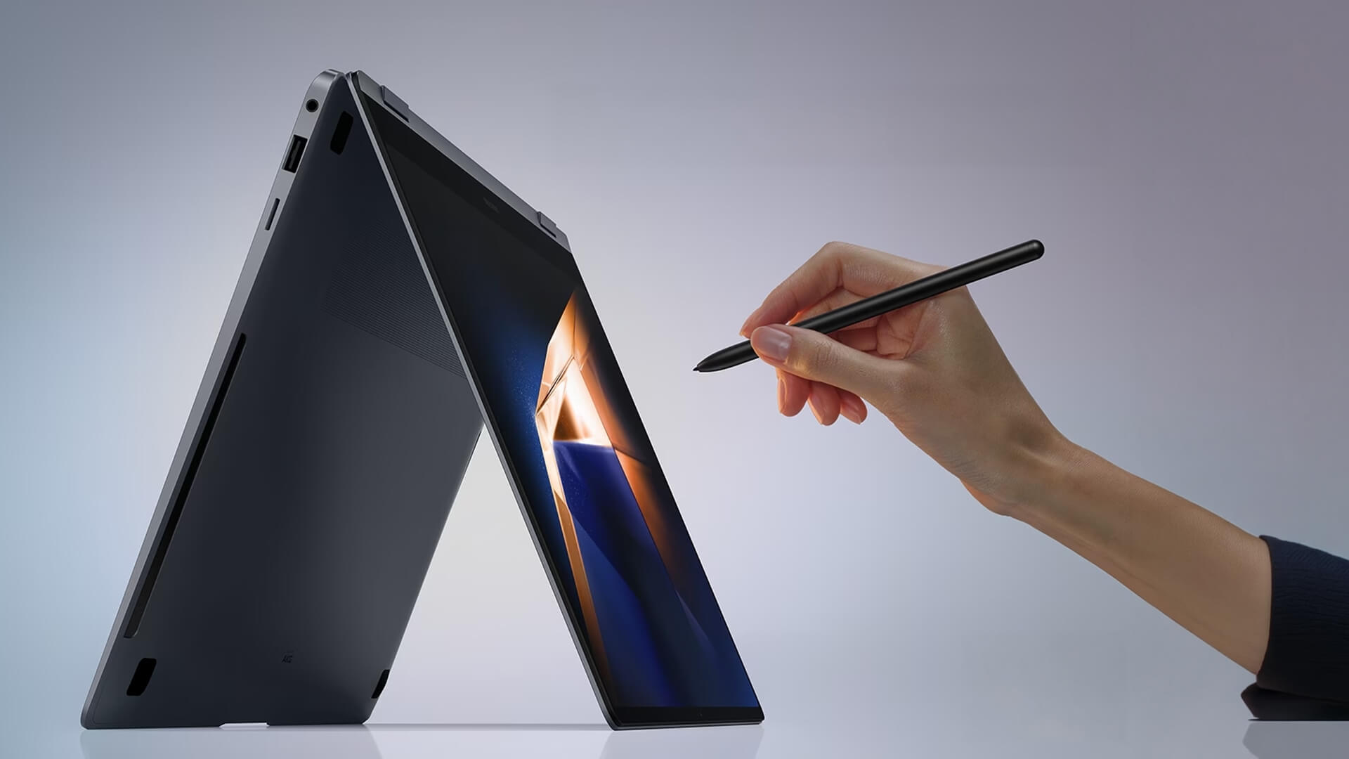 Using an S Pen on a Samsung Galaxy Book 360 convertible laptop.