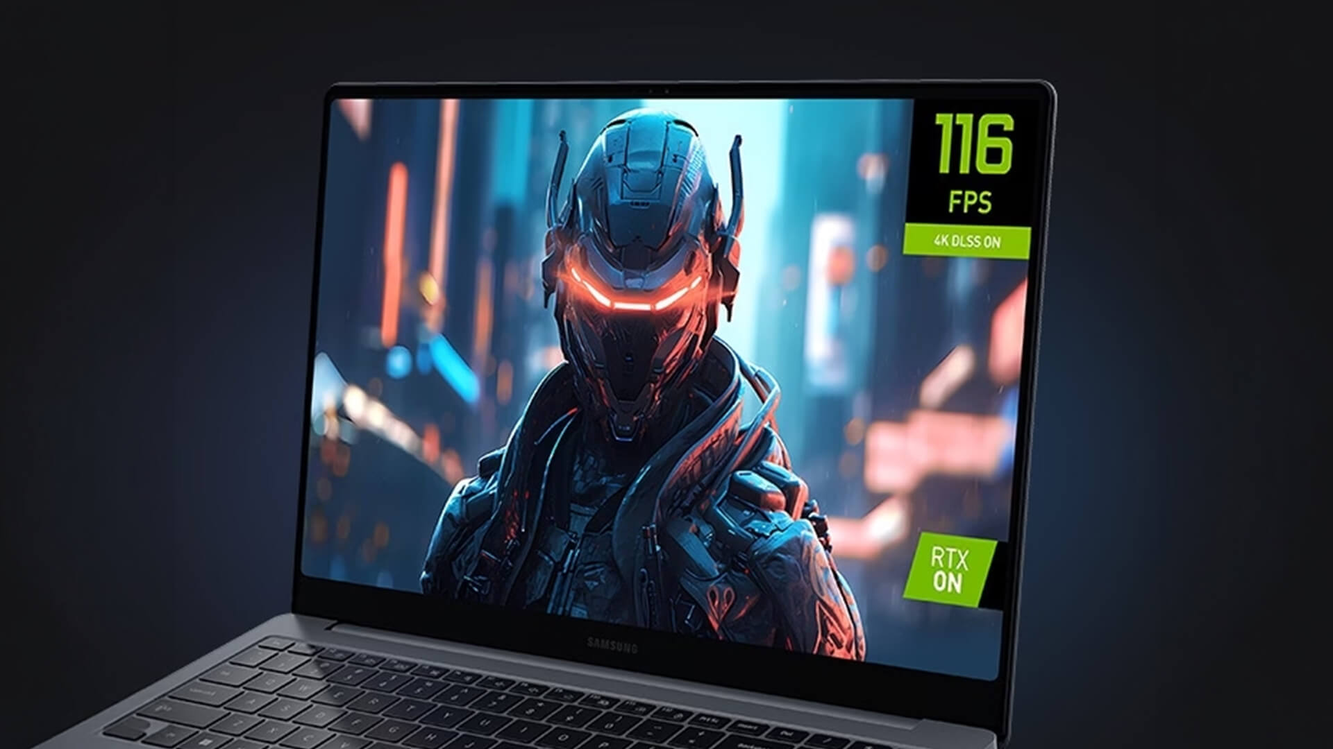 A close-up of a Samsung laptop showing a high-tech gaming interface.