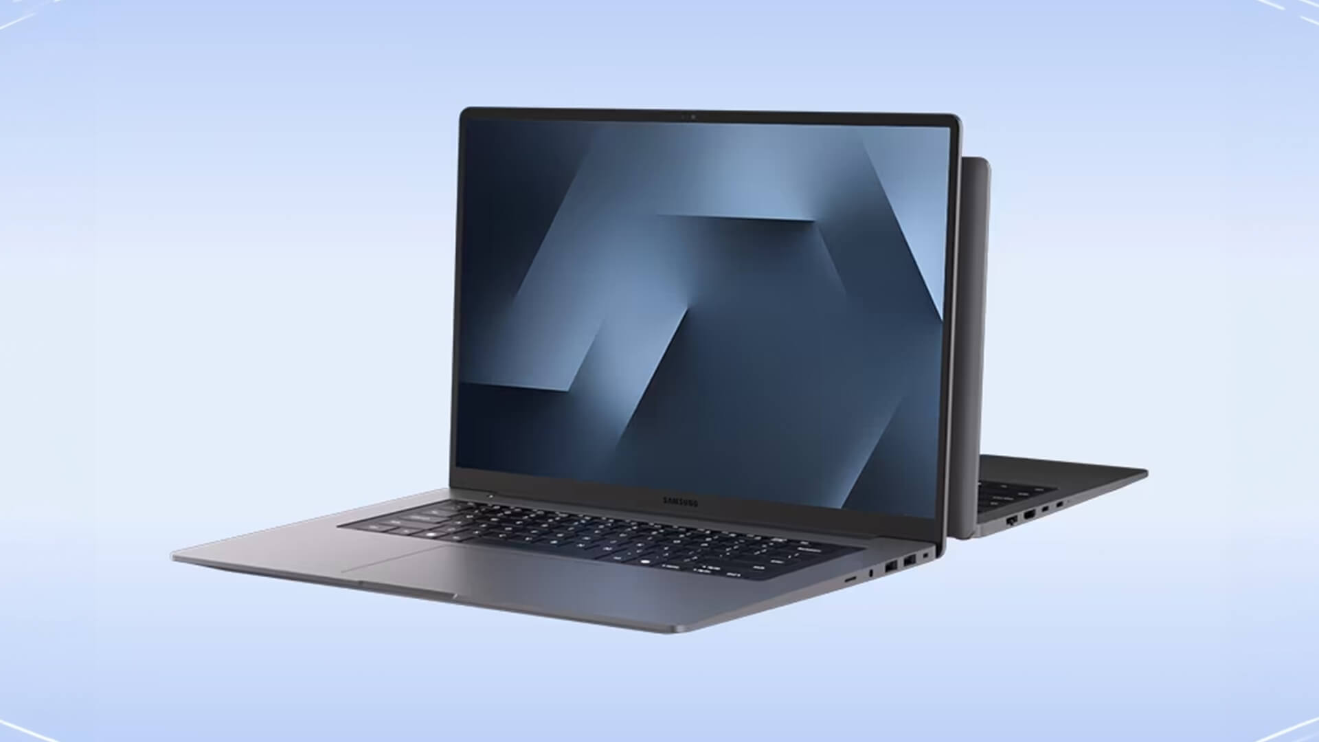 Dark grey Samsung Galaxy Book laptop with a modern screen display.