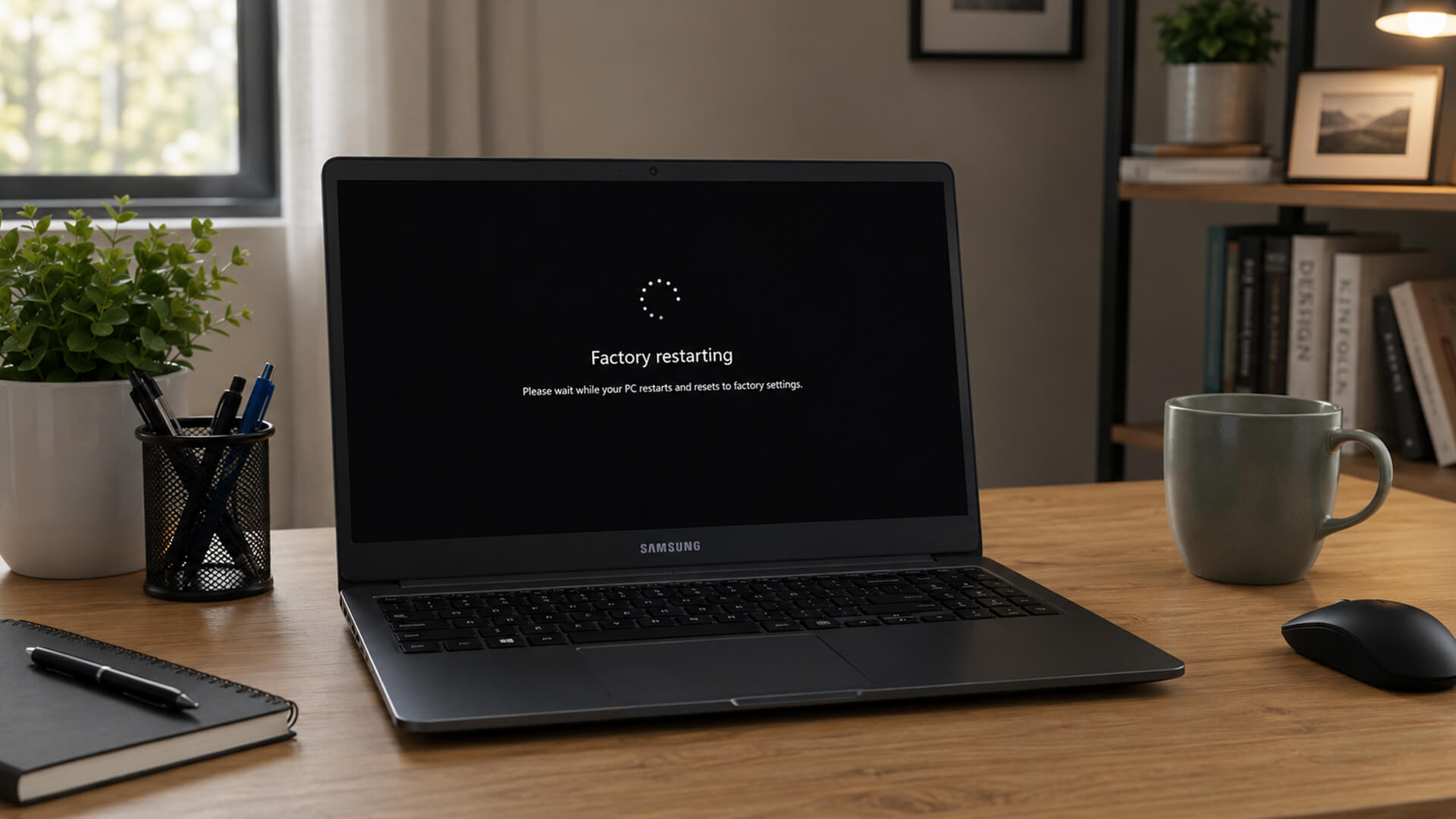 Samsung laptop screen showing the factory restarting process.
