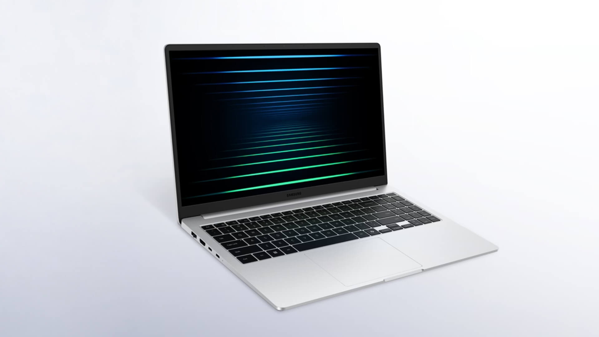 Silver Samsung laptop displaying an abstract glowing digital tunnel.