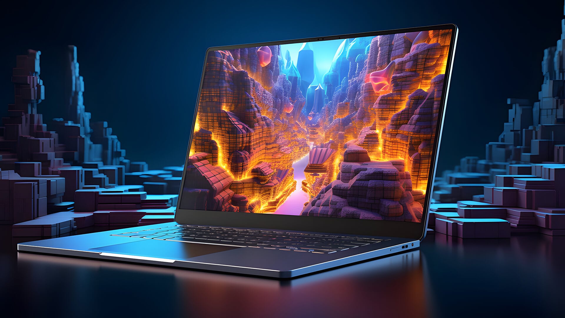 A slim gaming laptop showing detailed, colorful fantasy landscape art.
