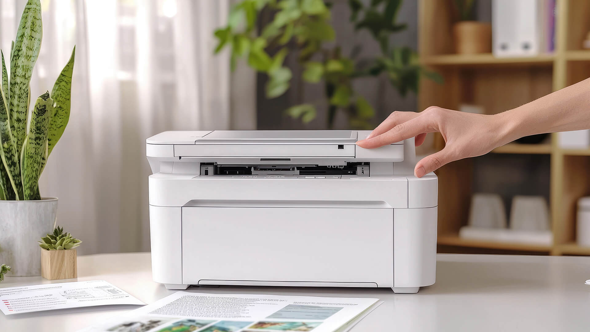 A person using a small white all-in-one printer on a desk.