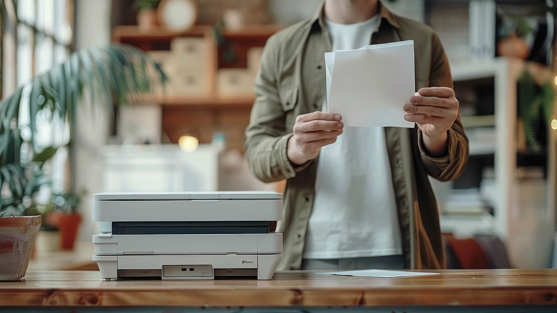 Man checking printed documents from a small office printer.