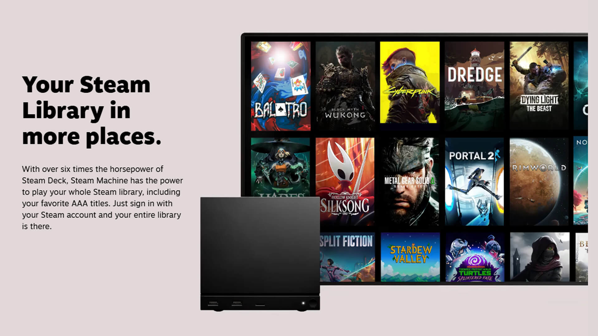 Steam Machine showing a user's Steam library on a TV screen.