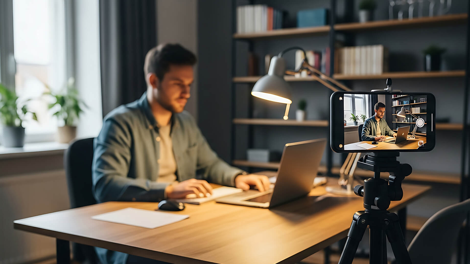 A smartphone on a tripod filming a student working at his desk.