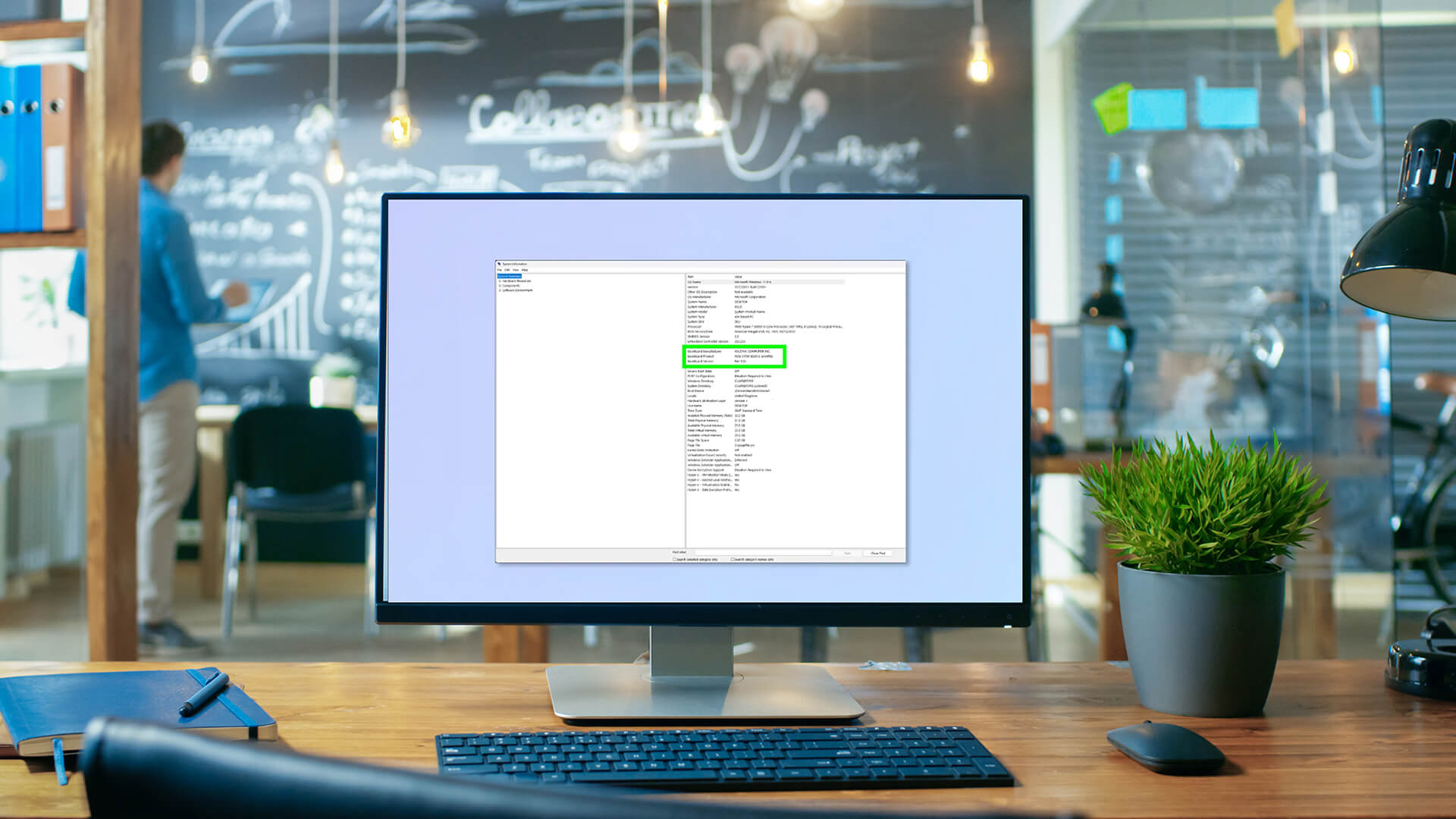 A computer monitor displaying the System Information window with the BaseBoard product details highlighted.