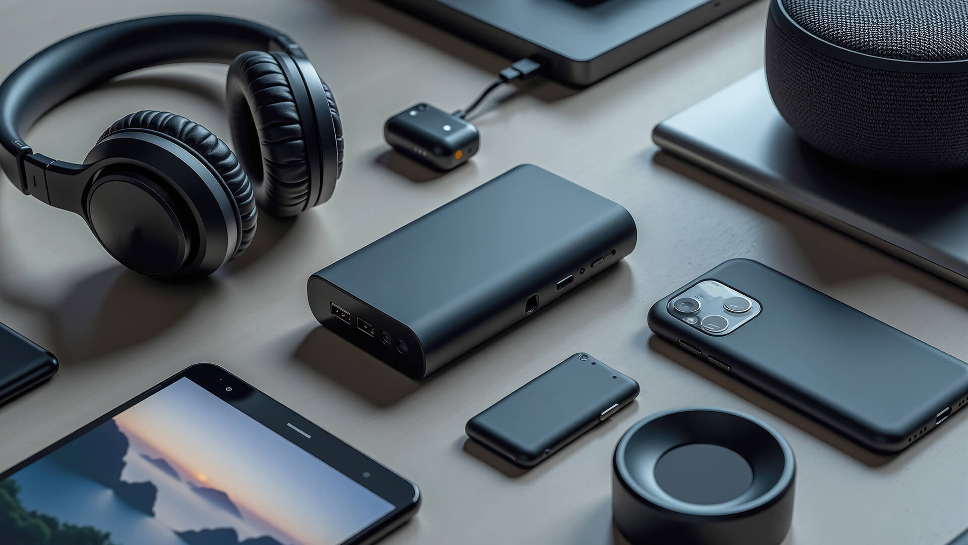Headphones, power bank, phone, and smart speaker on a desk.