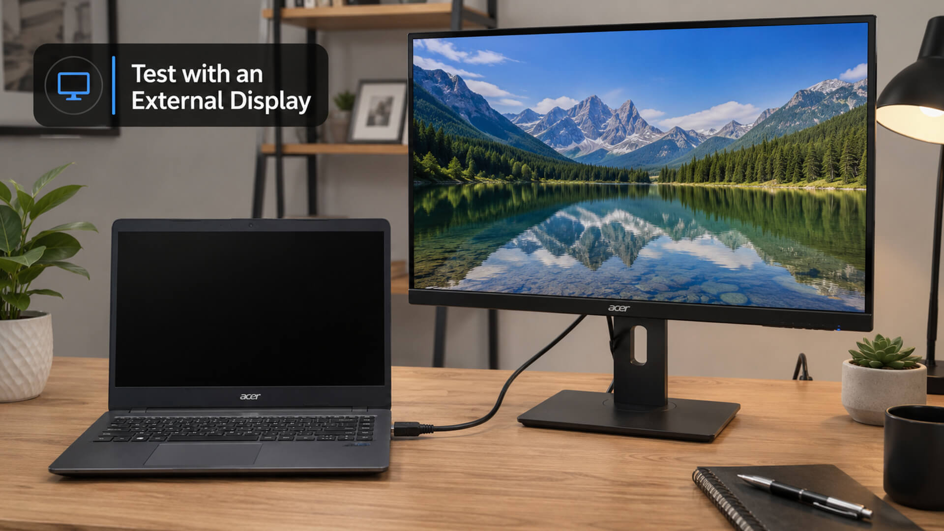 Connecting an Acer Aspire laptop to an external monitor for testing.