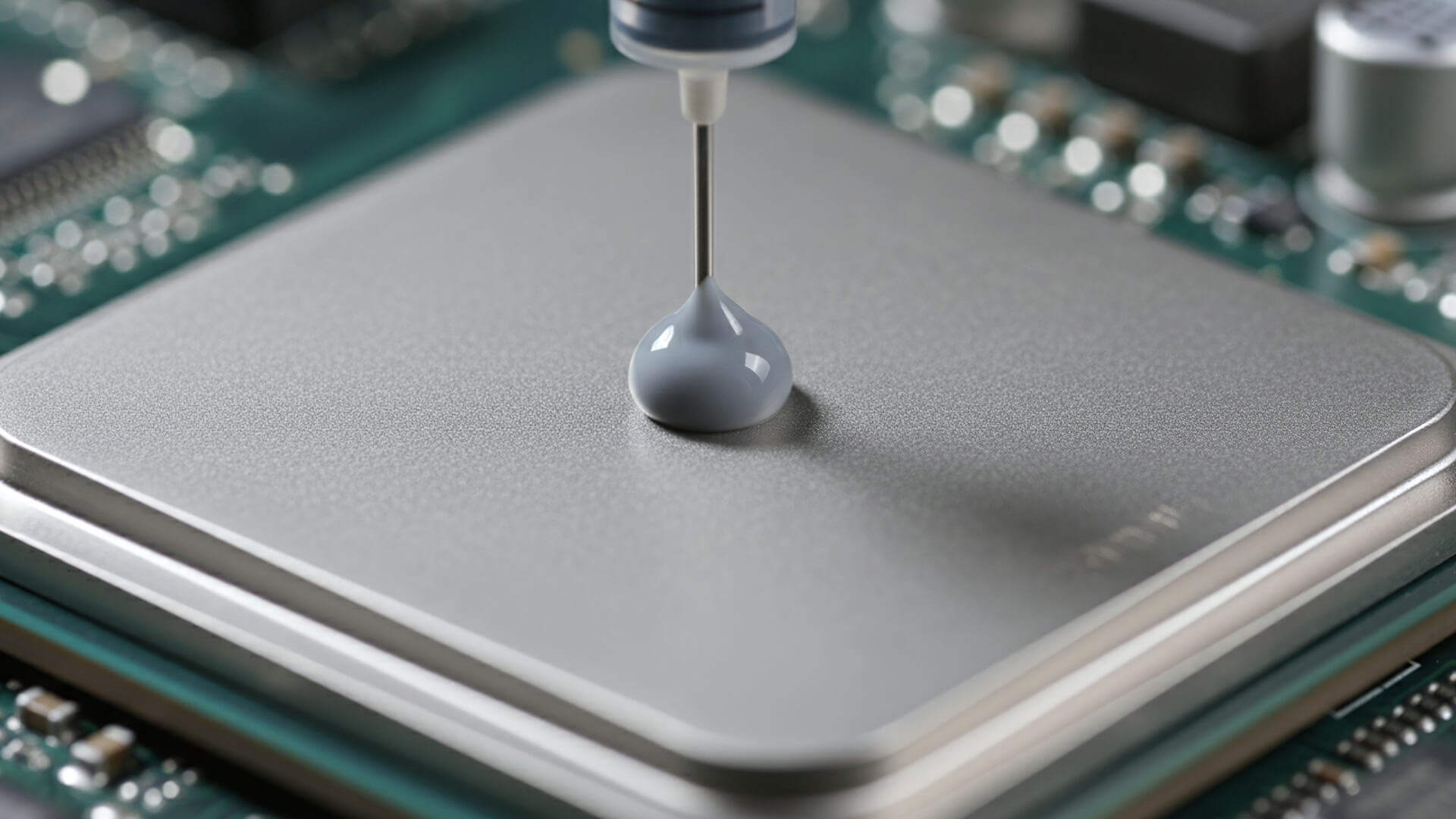 Close-up of a syringe applying thermal paste to a CPU.