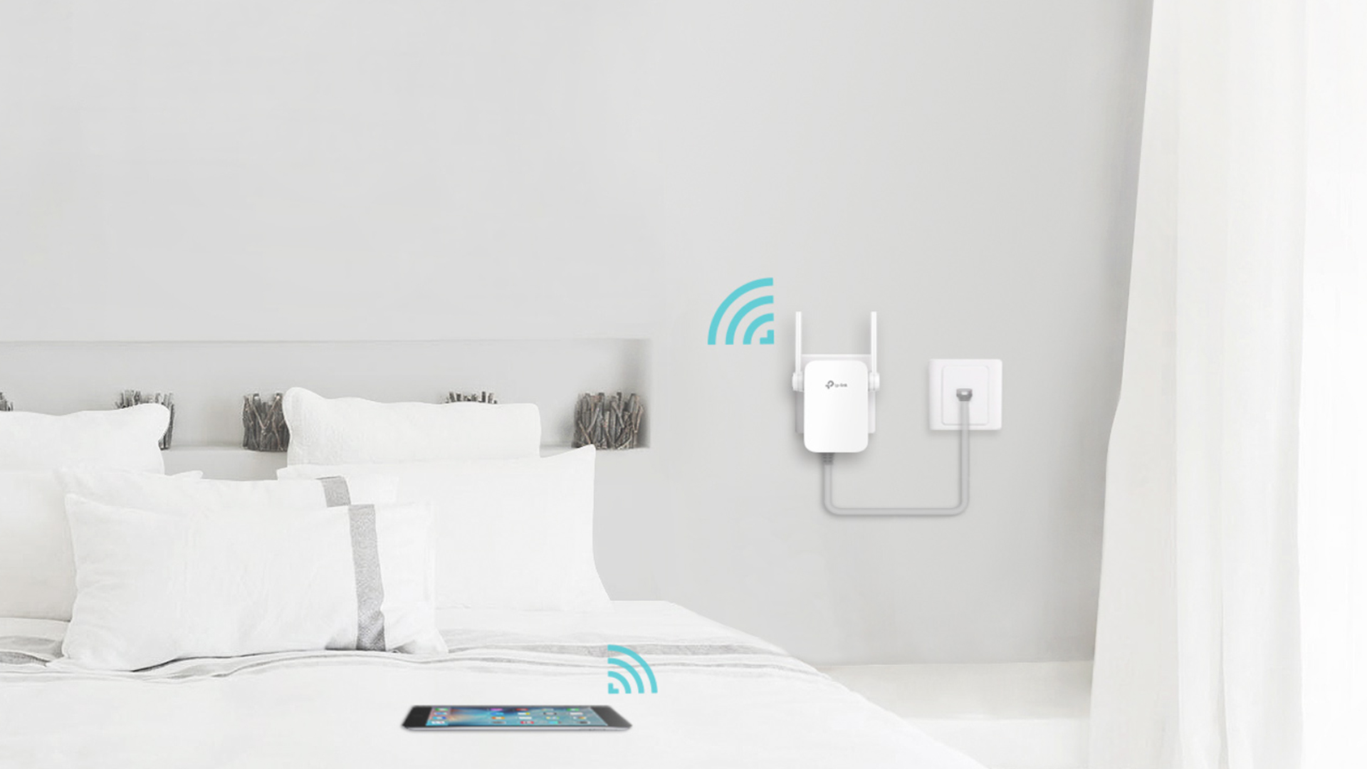 TP-Link extender plugged into a wall socket with Ethernet cable connected in a modern bedroom setup.