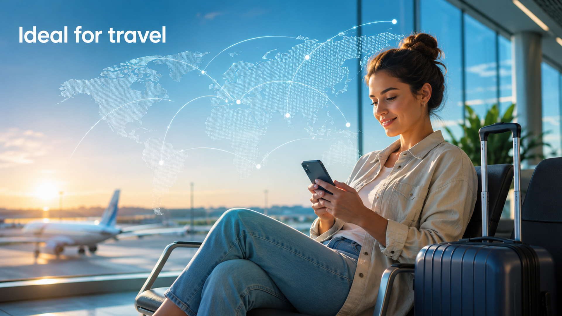 Woman using a travel eSIM on her phone at an airport.