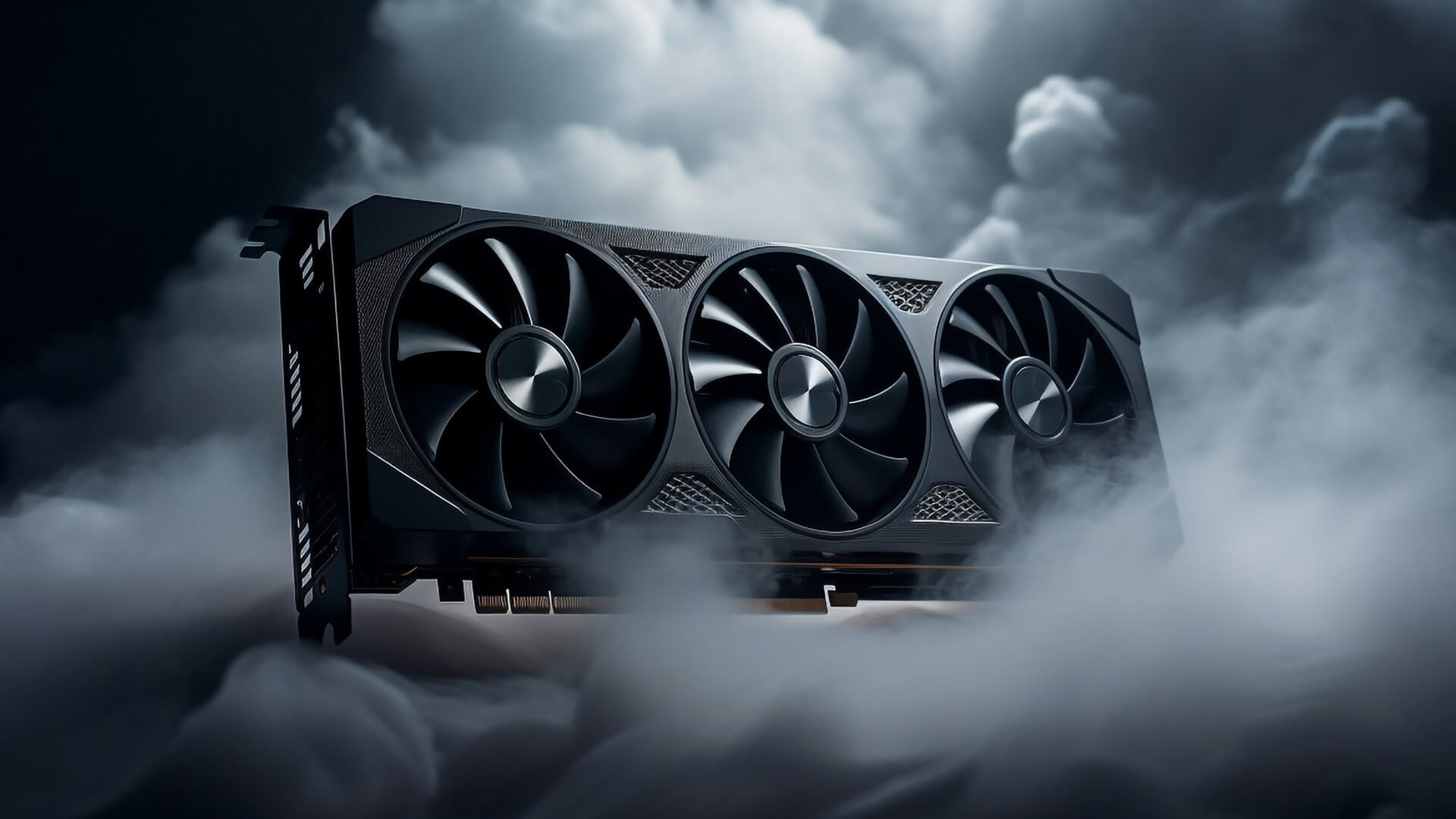 Triple-fan gaming graphics card floating in dramatic white smoke.