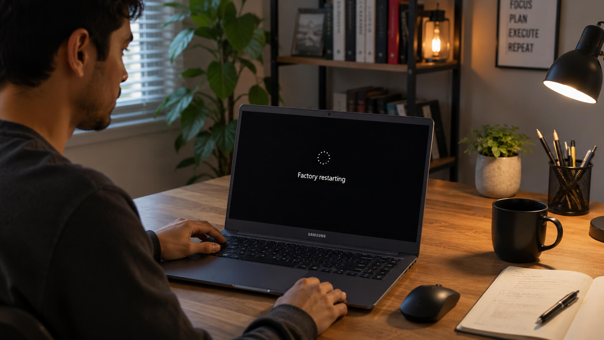 A person waiting for their Samsung laptop to finish a factory reset.