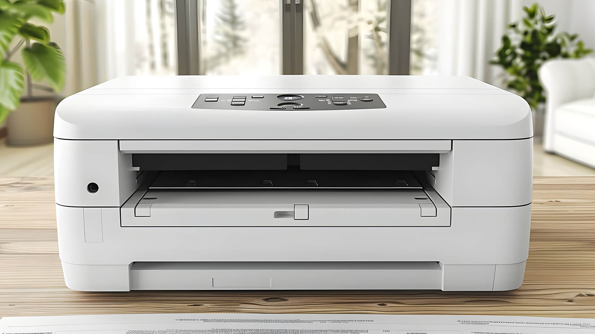 A white all-in-one printer sitting on a home office desk.