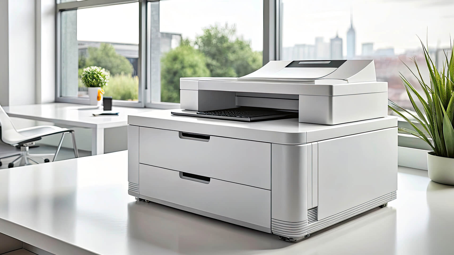 White all-in-one laser printer on a bright home office desk.