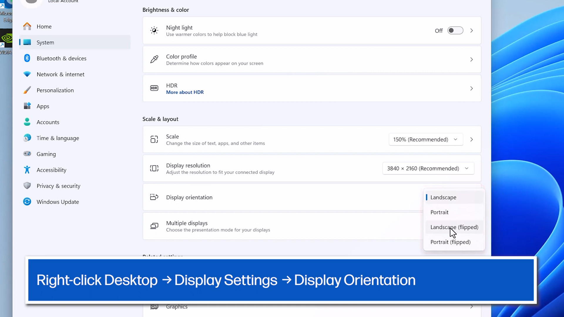Windows 11 display settings menu showing the display orientation dropdown options.