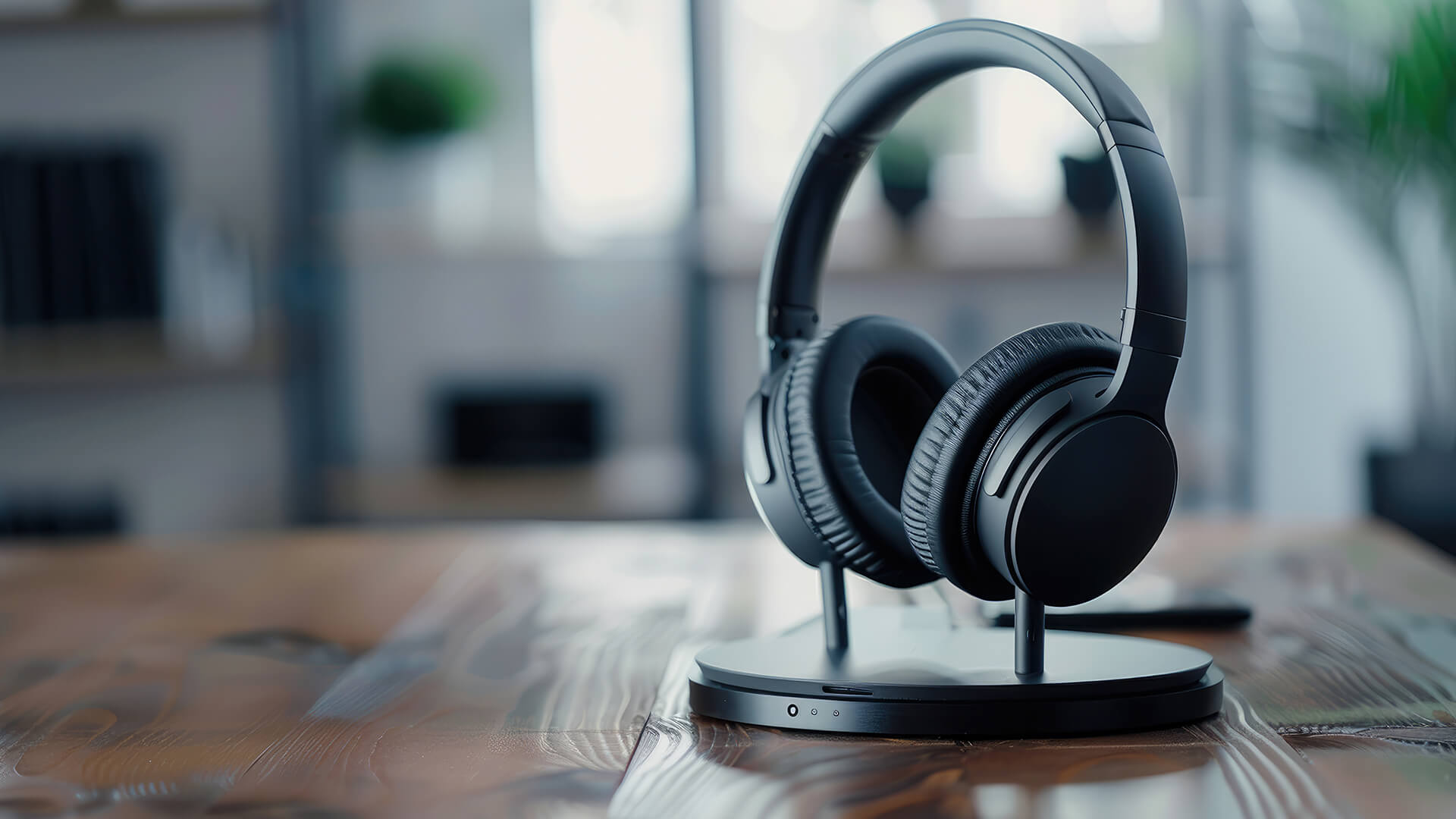 Wireless headphones resting on a stand on a wooden desk.