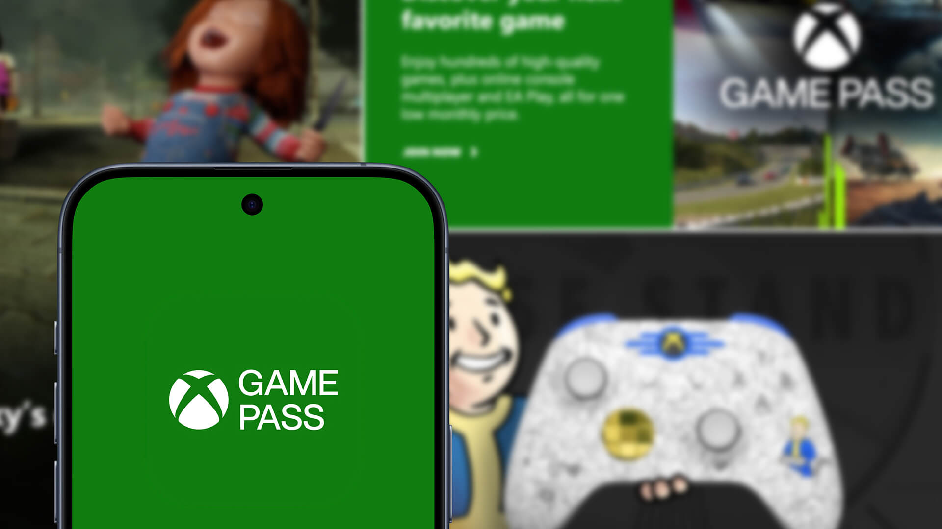 Smartphone showing the Xbox Game Pass app logo on screen.
