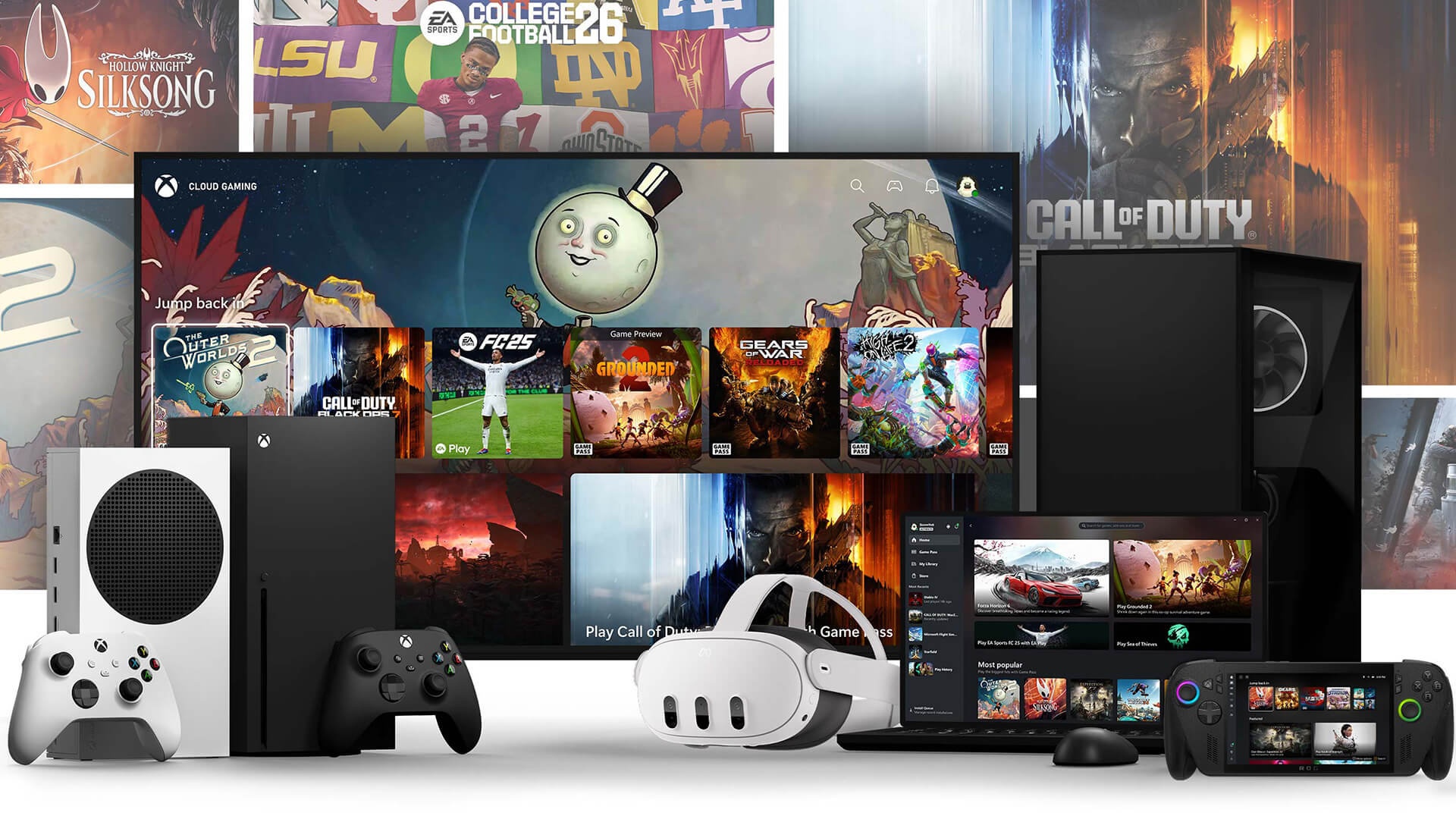 Various Xbox consoles and accessories displayed with the Xbox Game Pass interface.