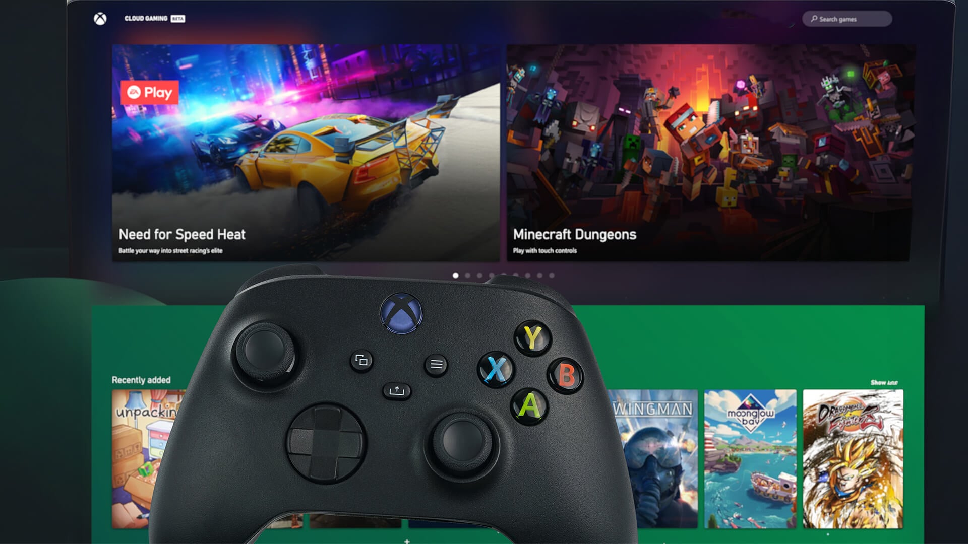 An Xbox controller in front of the Cloud Gaming screen.